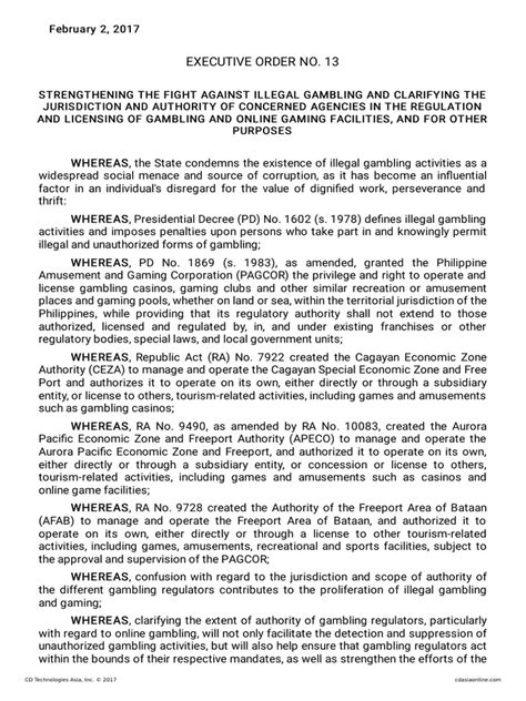 illegal gambling|Executive Order No. 13 .